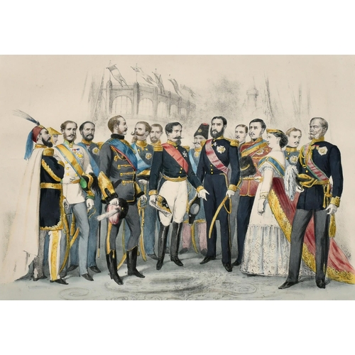 100 - After Vernier, A 19th Century hand coloured lithograph of Napoleon III and his entourage at an Inter... 