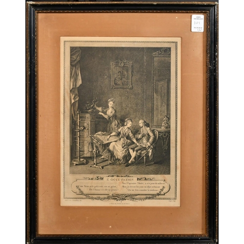 101 - A set of four decorative prints of French boudoir scenes, each 11.25