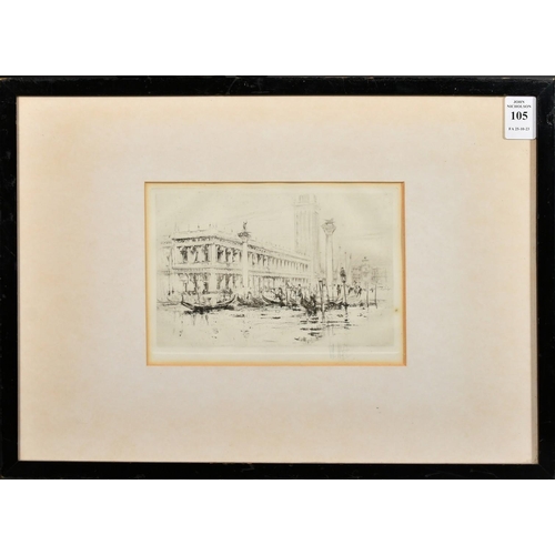 105 - William Walcott, A view of Venice with gondolas, etching, signed in pencil, 4.25