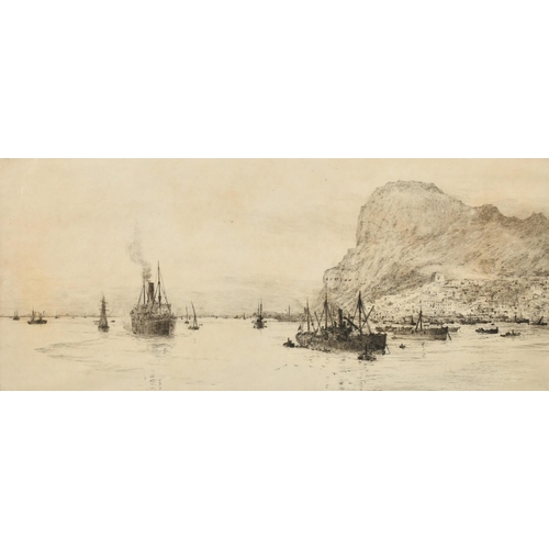 115 - William Lionel Wyllie (1851-1931) British, Gibraltar, shipping off the coast, etching, signed in pen... 