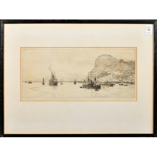 115 - William Lionel Wyllie (1851-1931) British, Gibraltar, shipping off the coast, etching, signed in pen... 