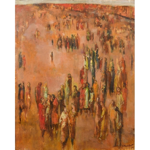 117 - S. Menichet, Circa 1976, a gathering of figures in a landscape, oil on canvas, signed, 24