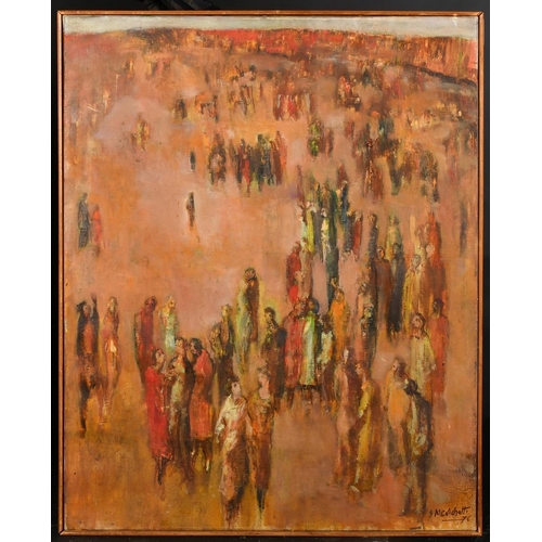 117 - S. Menichet, Circa 1976, a gathering of figures in a landscape, oil on canvas, signed, 24