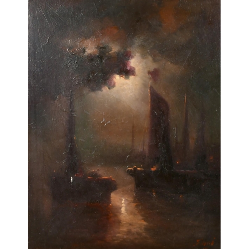 118 - F. Toro, 20th Century, moored sailboats under moonlight, oil on canvas, signed, 32