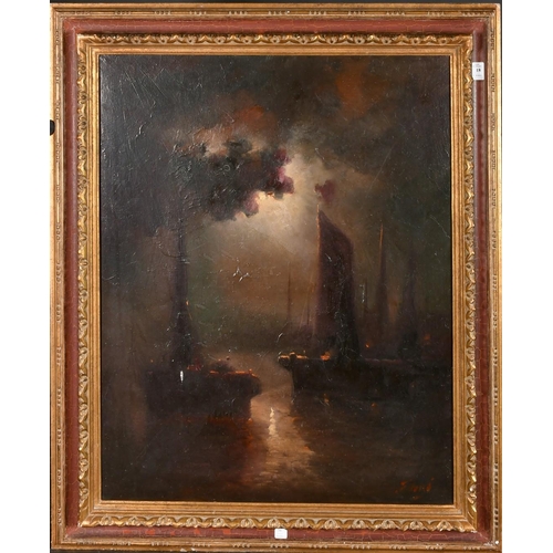 118 - F. Toro, 20th Century, moored sailboats under moonlight, oil on canvas, signed, 32