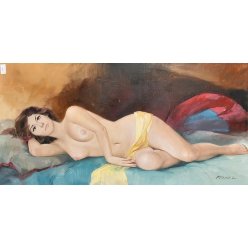 120 - Lajos Fuzesil, 20th Century, a reclining female nude, oil on canvas, indistinctly signed, 19.75