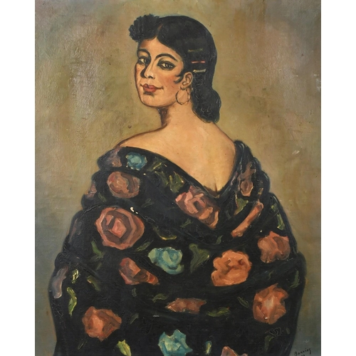 121 - French School, Circa 1937, a female figure bearing her shoulders in a gown decorated with flowers, i... 