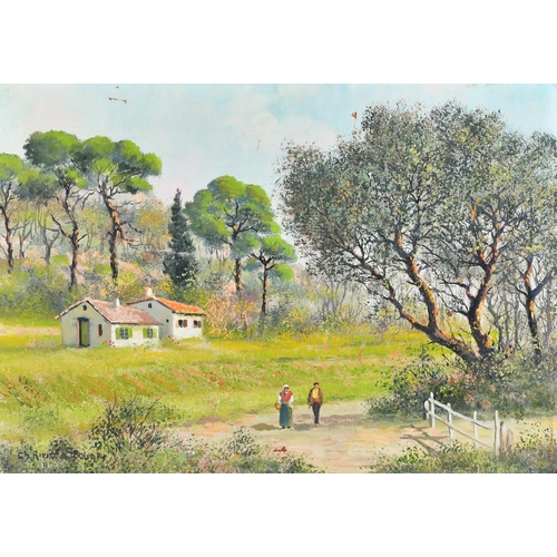 123 - French School, 20th Century, wayfarers on a country path in a spring landscape, oil on canvas, indis... 