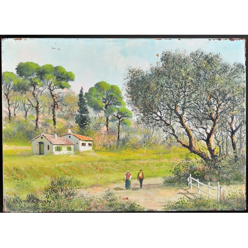 123 - French School, 20th Century, wayfarers on a country path in a spring landscape, oil on canvas, indis... 