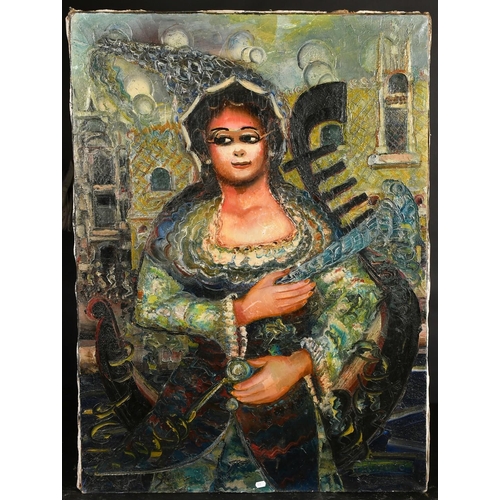 148 - Polimeno, 20th Century Continental School, a female figure in front of a gondola and buildings, oil ... 