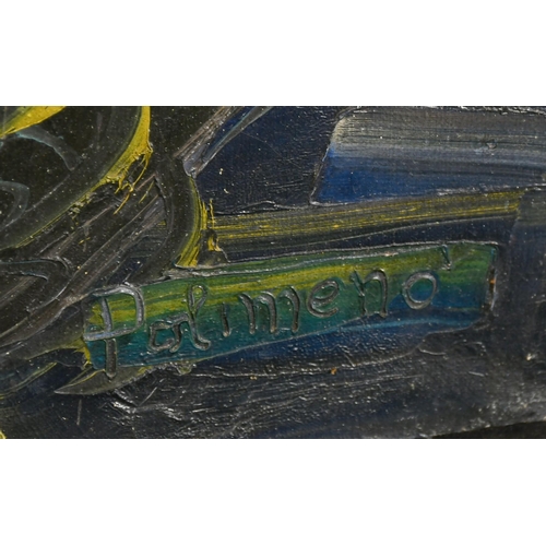 148 - Polimeno, 20th Century Continental School, a female figure in front of a gondola and buildings, oil ... 