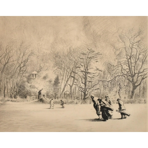 16 - John Cameron, 'A Stormy Day at Ranelagh', figures on a golf course, etching, signed in pencil, plate... 