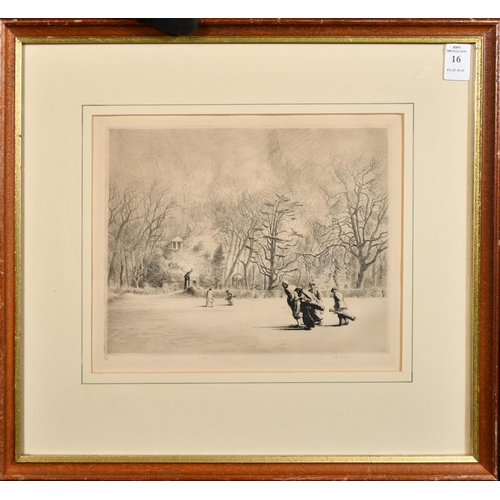 16 - John Cameron, 'A Stormy Day at Ranelagh', figures on a golf course, etching, signed in pencil, plate... 