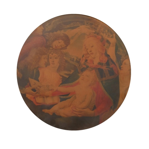 17 - After Boticelli, a print of the 'Magnificat Madonna', 11.75 (30cm) diameter, in a fine Florentine ca... 