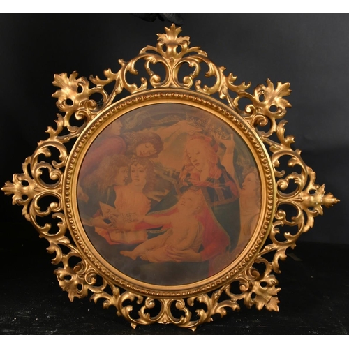 17 - After Boticelli, a print of the 'Magnificat Madonna', 11.75 (30cm) diameter, in a fine Florentine ca... 