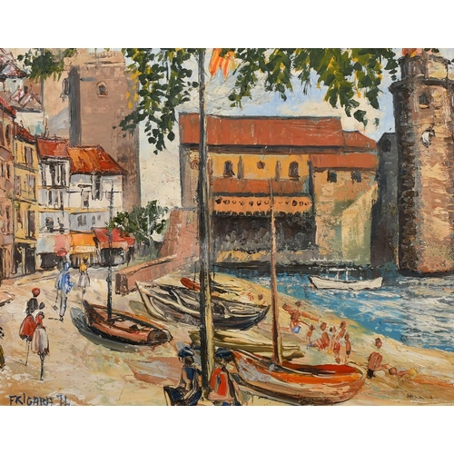 172 - Frigara, Circa 1974, a view of Basque port, oil on card, signed, 15