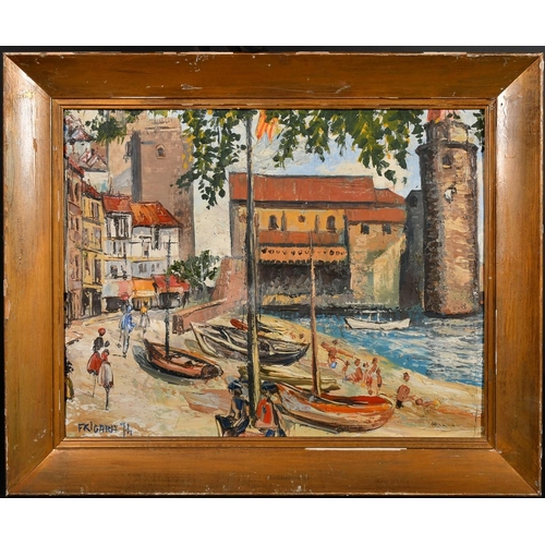 172 - Frigara, Circa 1974, a view of Basque port, oil on card, signed, 15