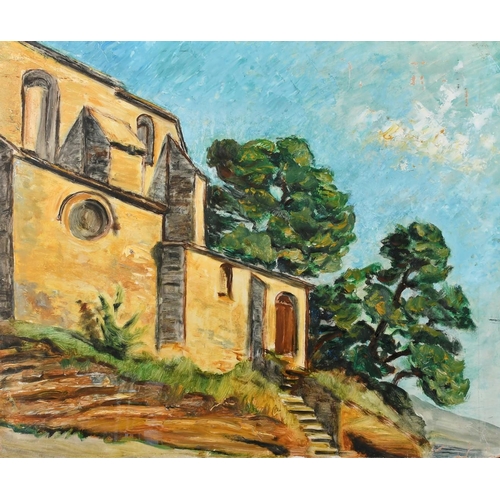 173 - Mid-20th Century French School, a view of buildings on a hillside, oil on canvas, 21.25