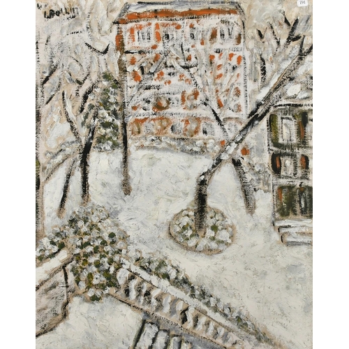 174 - L. Bollin (Mid-20th Century French School), study of a town square under snow, oil on canvas, signed... 