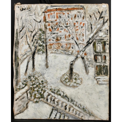 174 - L. Bollin (Mid-20th Century French School), study of a town square under snow, oil on canvas, signed... 