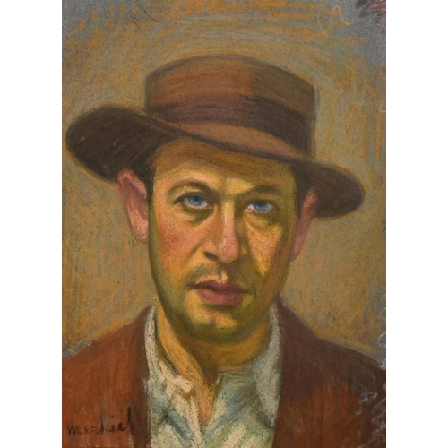 176 - Continental School, 20th Century, a head study of a man in a hat, pastel, indistinctly signed, 16