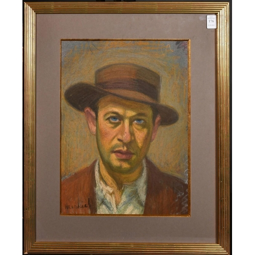 176 - Continental School, 20th Century, a head study of a man in a hat, pastel, indistinctly signed, 16