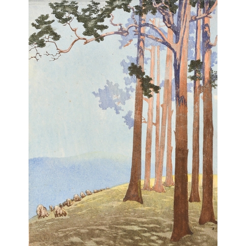 29 - Patience Galloway (Early 20th Century), sheep grazing by trees, colour woodcut, signed in pencil, 16... 