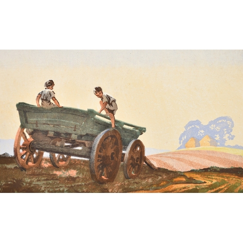 30 - Patience Galloway (Early 20th Century), children playing on a wagon, colour woodcut, signed in penci... 