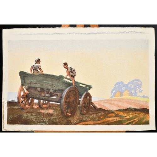 30 - Patience Galloway (Early 20th Century), children playing on a wagon, colour woodcut, signed in penci... 