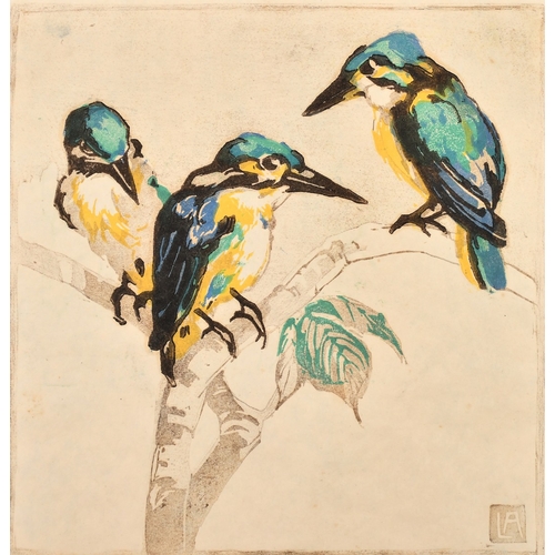 32 - Karoline / Lina Ammer (1871-1935) German, woodpeckers, colour woodcut, signed and inscribed in penci... 