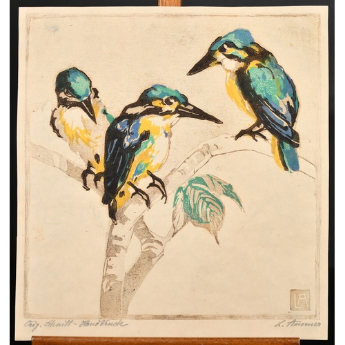 32 - Karoline / Lina Ammer (1871-1935) German, woodpeckers, colour woodcut, signed and inscribed in penci... 