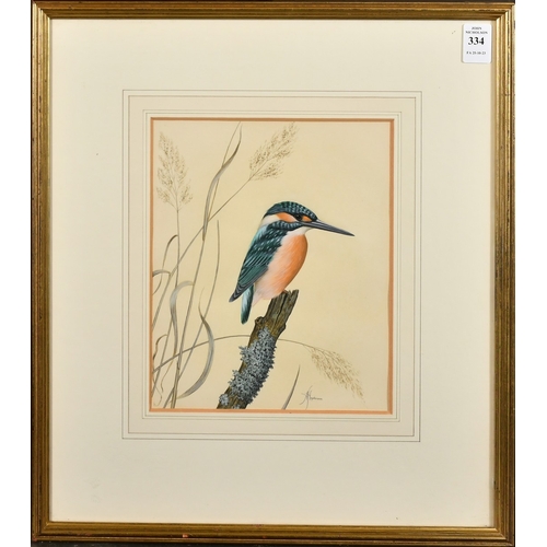 334 - Anne Hopkinson, 'Kingfisher', watercolour, signed, The Arun Art Centre Ltd label verso, 9
