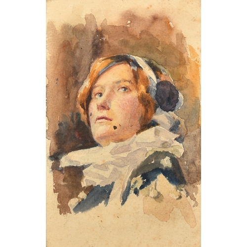336 - Herbert J. Day, Head study of an actress in costume, watercolour, signed verso on backing paper, 6.2... 
