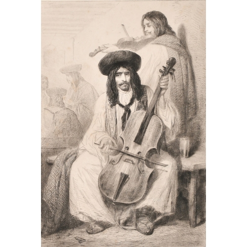 34 - Theodore Valerio (1819-1879), a scene of two musicians with string instruments, etching, plate size ... 