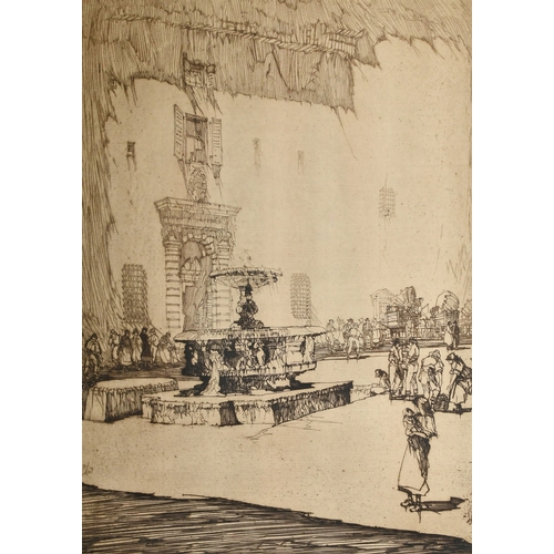 37 - David Robertson (1834-1925), figures in a Continental square around a fountain, etching, signed in p... 