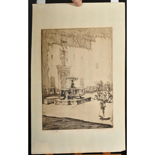 37 - David Robertson (1834-1925), figures in a Continental square around a fountain, etching, signed in p... 