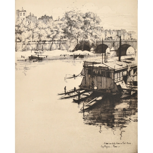 41 - Eugene Bejot (1867-1931), houseboats in the River Seine, etching, signed in pencil, plate size, 11.5... 