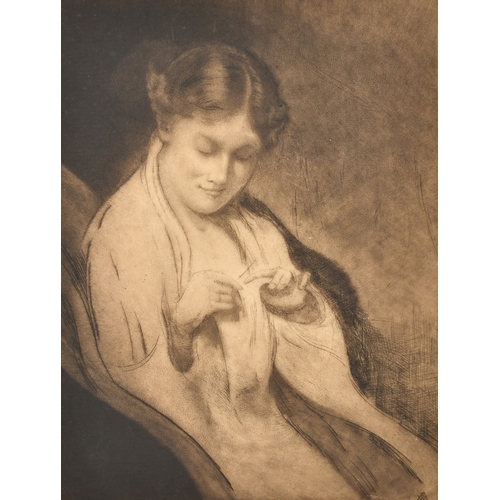 43 - Robert Weir Allan (1852-1942) a study of a lady knitting, etching signed in pencil, plate size 9