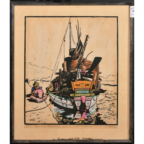 53 - South East Asian School, a coloured woodblock of a traditional ship moored on a quay, indistinctly s... 