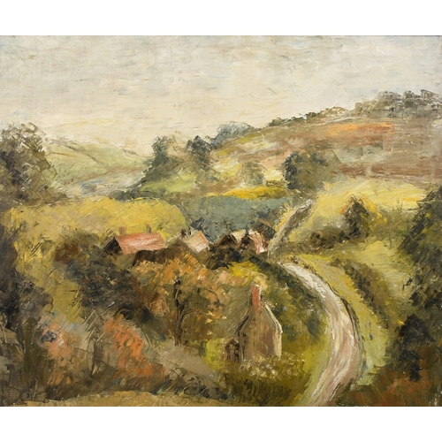 589 - Manner of Kyffin Williams, buildings in a valley landscape, oil on canvas laid down, 20