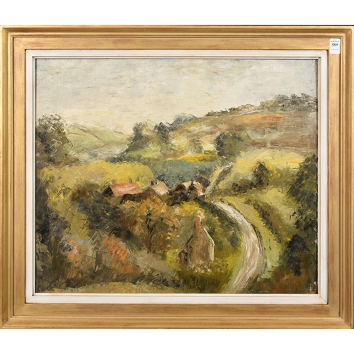 589 - Manner of Kyffin Williams, buildings in a valley landscape, oil on canvas laid down, 20