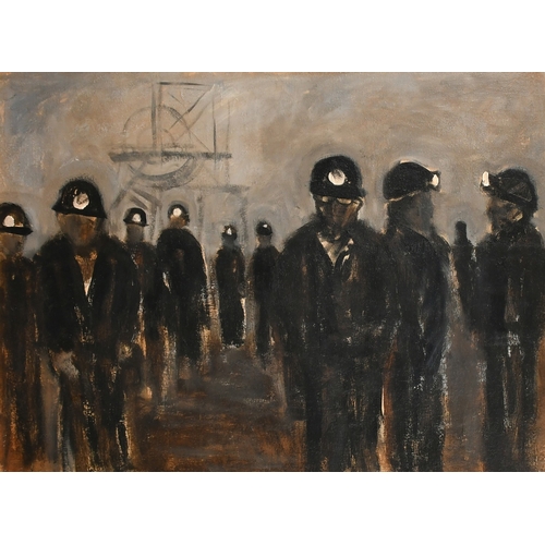 594 - 20th Century, A group of Miners at the pit, oil on board, 17.25