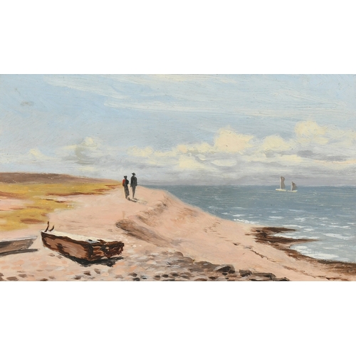 595 - 19th Century, A couple walking by the sea, oil on board, 4.5