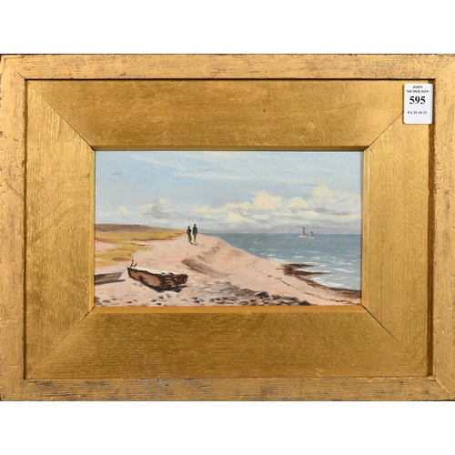 595 - 19th Century, A couple walking by the sea, oil on board, 4.5