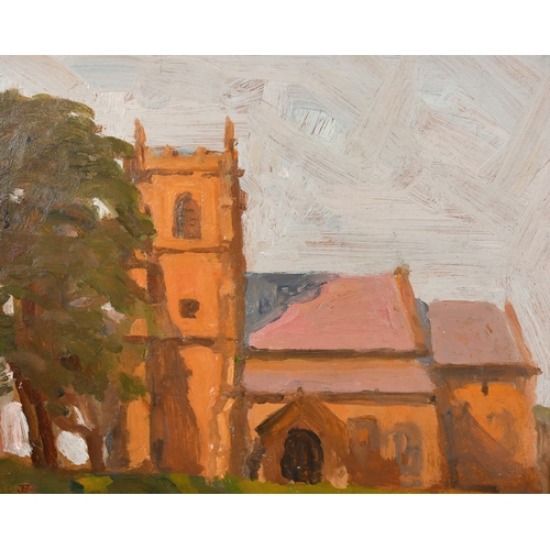 596 - John Brown (20th Century), A view of a church, oil on board, initialled, 8