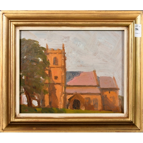 596 - John Brown (20th Century), A view of a church, oil on board, initialled, 8