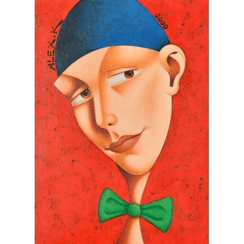 597 - Aleksey Kiryanov (b. 1954), a stylised head study of a figure with a bow tie, acrylic on canvas, sig... 