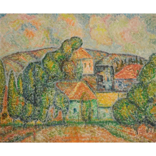 601 - Manner of Georges Seurat, Buildings in a landscape, oil on canvas board, 21