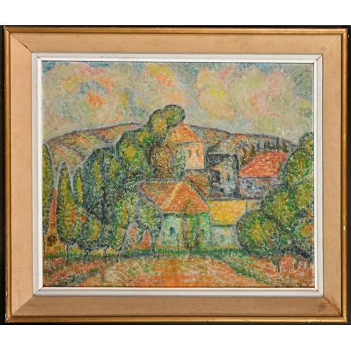 601 - Manner of Georges Seurat, Buildings in a landscape, oil on canvas board, 21