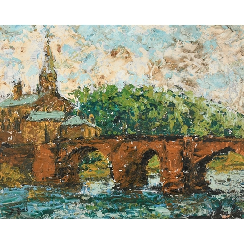 603 - F. Gore, A Continental river bridge with a church beyond, oil on board, signed, 16